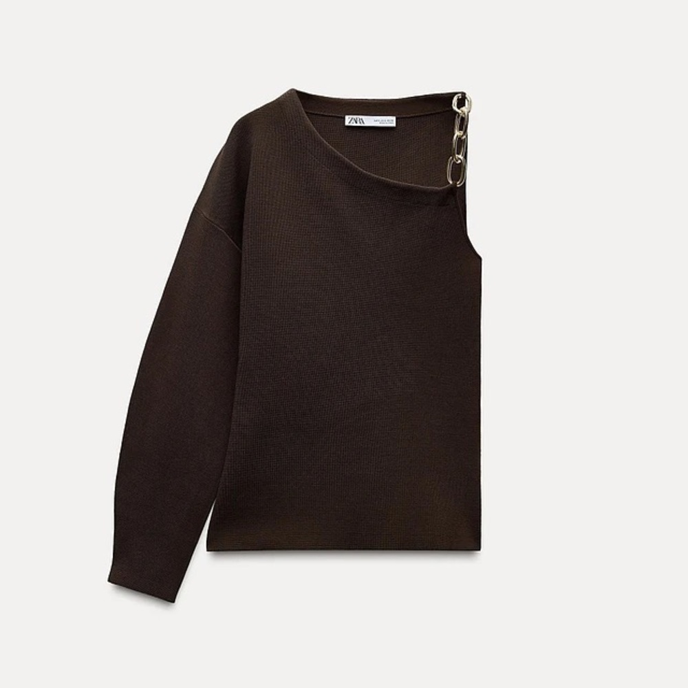 Zara Off-Shoulder Dark Brown Sweater with Chain Accent